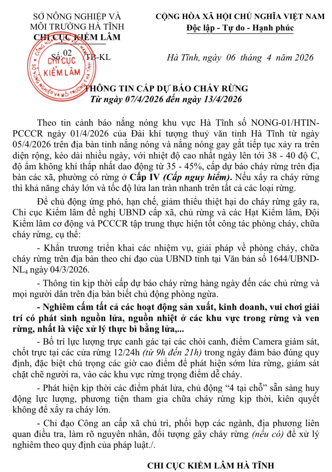 CẢNH BÁO CHÁY RỪNG TRONG NHỮNG NGÀY NẮNG, NÓNG