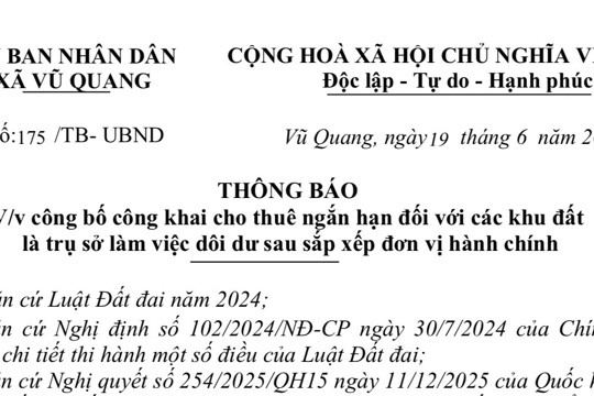 Thông báo về việc công bố công khai cho thuê ngắn hạn đối với các khu đất là trụ sở làm việc dôi dư sau sắp xếp đơn vị hành chính trên địa bàn xã Vũ Quang, tỉnh Hà Tĩnh 