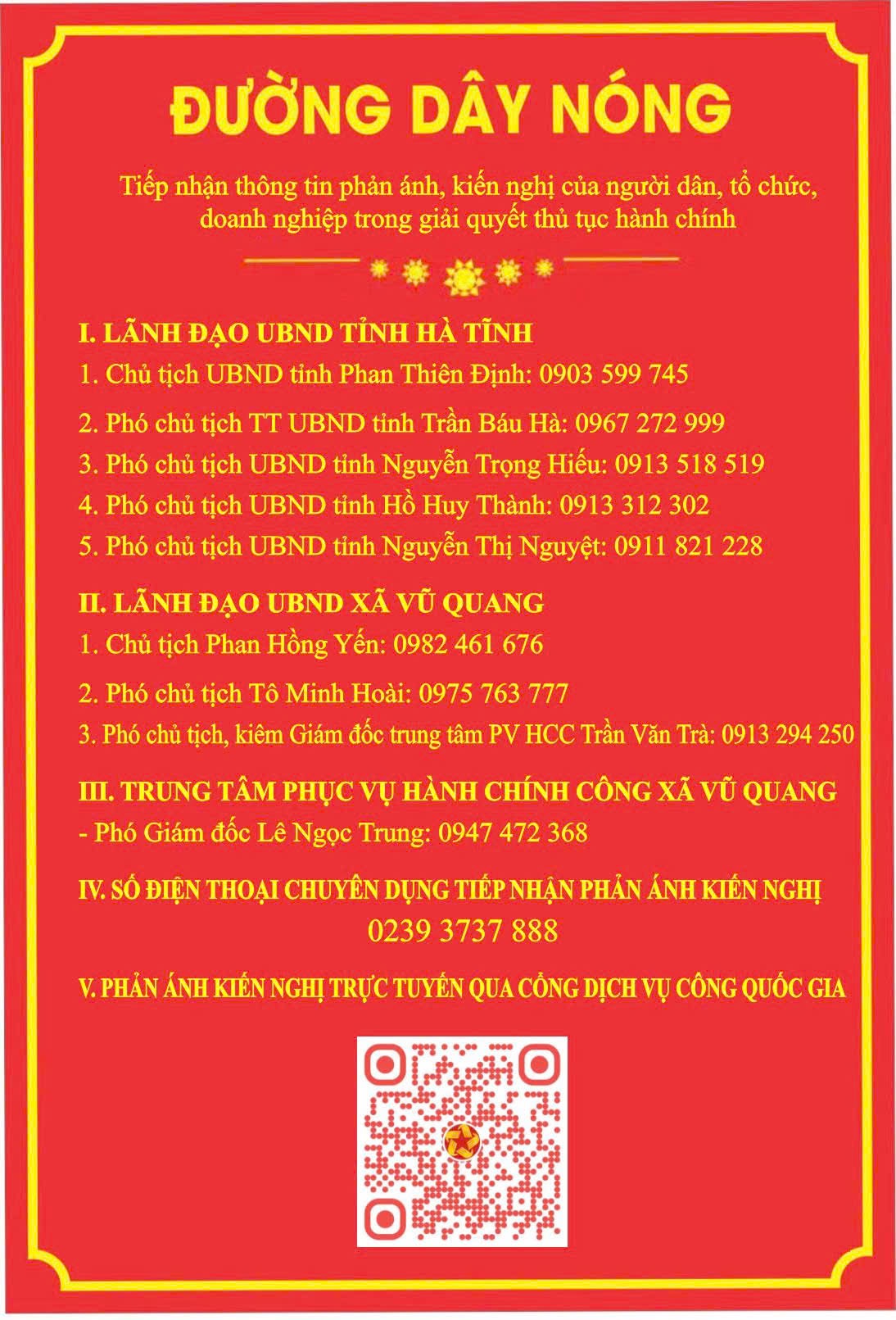 UBND xã Vũ Quang niêm yết công khai số điện thoại đường dây nóng tiếp nhận phản ánh, kiến nghị trong giải quyết thủ tục hành chính.