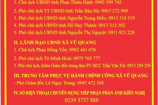 UBND xã Vũ Quang niêm yết công khai số điện thoại đường dây nóng tiếp nhận phản ánh, kiến nghị trong giải quyết thủ tục hành chính. 