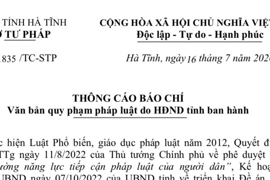 Thông cáo Báo chí văn bản quy phạm pháp luật do HĐND tỉnh ban hành 