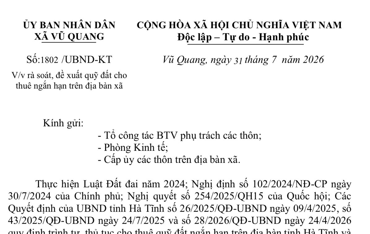 Công văn của UBND xã Vũ Quang về việc rà soát, đề xuất quỹ đất cho thuê ngắn hạn trên địa bàn xã.