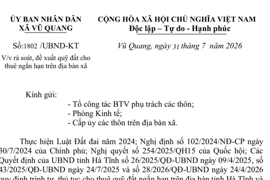 Công văn của UBND xã Vũ Quang về việc rà soát, đề xuất quỹ đất cho thuê ngắn hạn trên địa bàn xã. 