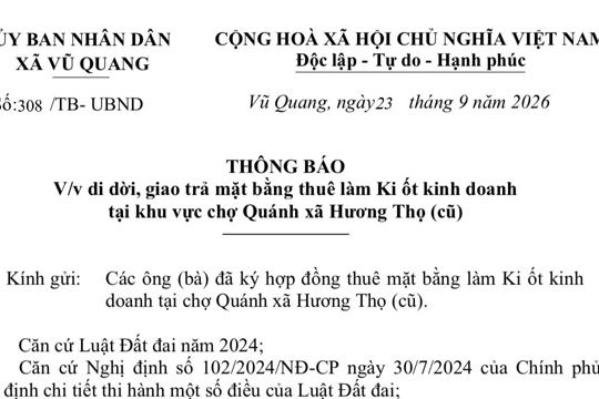 Thông báo của UBND xã Vũ Quang về việc di dời, giao trả mặt bằng thuê làm Ki ốt kinh doanh tại khu vực chợ Quánh xã Hương Thọ (cũ) 