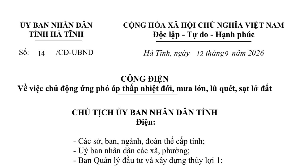 CÔNG ĐIỆN Của Chủ tịch UBND tỉnh Hà Tĩnh về việc chủ động ứng phó áp thấp nhiệt đới, mưa lớn, lũ quét, sạt lở đất
