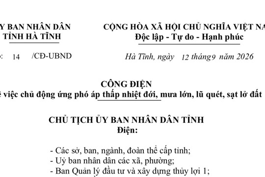 CÔNG ĐIỆN Của Chủ tịch UBND tỉnh Hà Tĩnh về việc chủ động ứng phó áp thấp nhiệt đới, mưa lớn, lũ quét, sạt lở đất 
