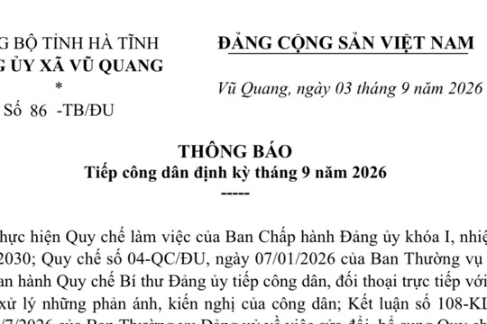 THÔNG BÁO Tiếp công dân định kỳ tháng 9 năm 2026 