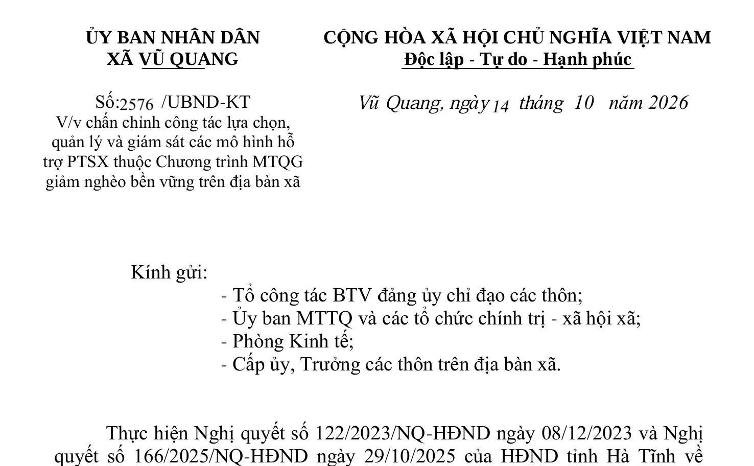 Công văn của UBND xã Vũ Quang về việc chấn chỉnh công tác lựa chọn, quản lý và giám sát các mô hình hỗ trợ phát triển sản xuất thuộc Chương trình MTQG giảm nghèo bền vững trên địa bàn xã.