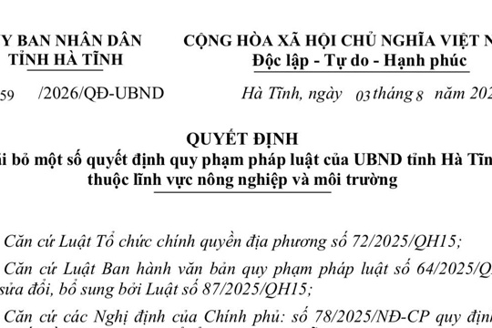 QUYẾT ĐỊNH Bãi bỏ một số quyết định quy phạm pháp luật của UBND tỉnh Hà Tĩnh thuộc lĩnh vực nông nghiệp và môi trường 