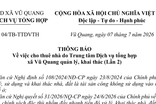 Thông báo về việc cho thuê nhà do Trung tâm Dịch vụ tổng hợp xã Vũ Quang quản lý, khai thác (lần 2) 