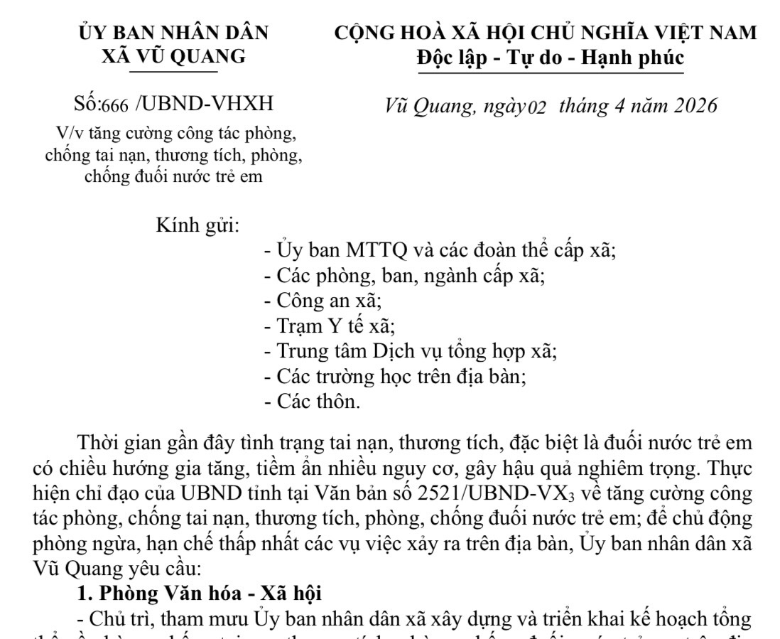 Công văn của UBND xã về việc tăng cường công tác phòng, chống tai nạn, thương tích, phòng chống đuối nước trẻ em