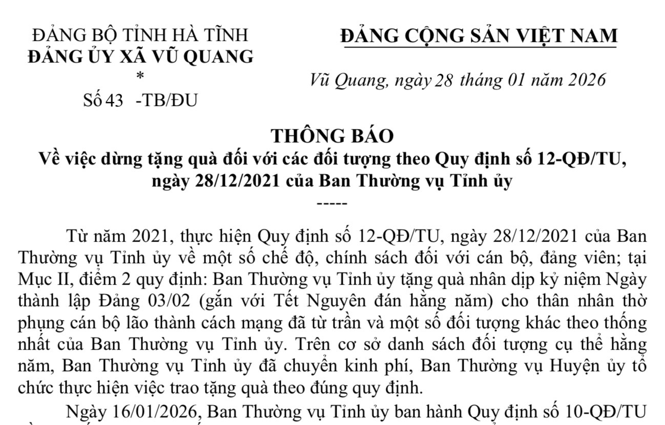 THÔNG BÁO về việc dừng tặng quà đối với các đối tượng theo Quy định số 12-QĐ/TU, ngày 28/12/2021 của Ban Thường vụ Tỉnh ủy
